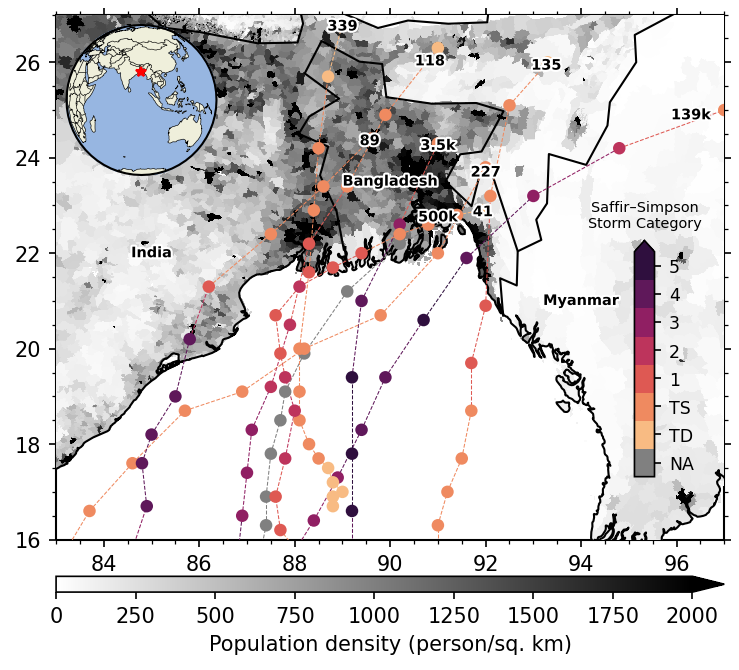 Carte des cyclones delta du Bengale