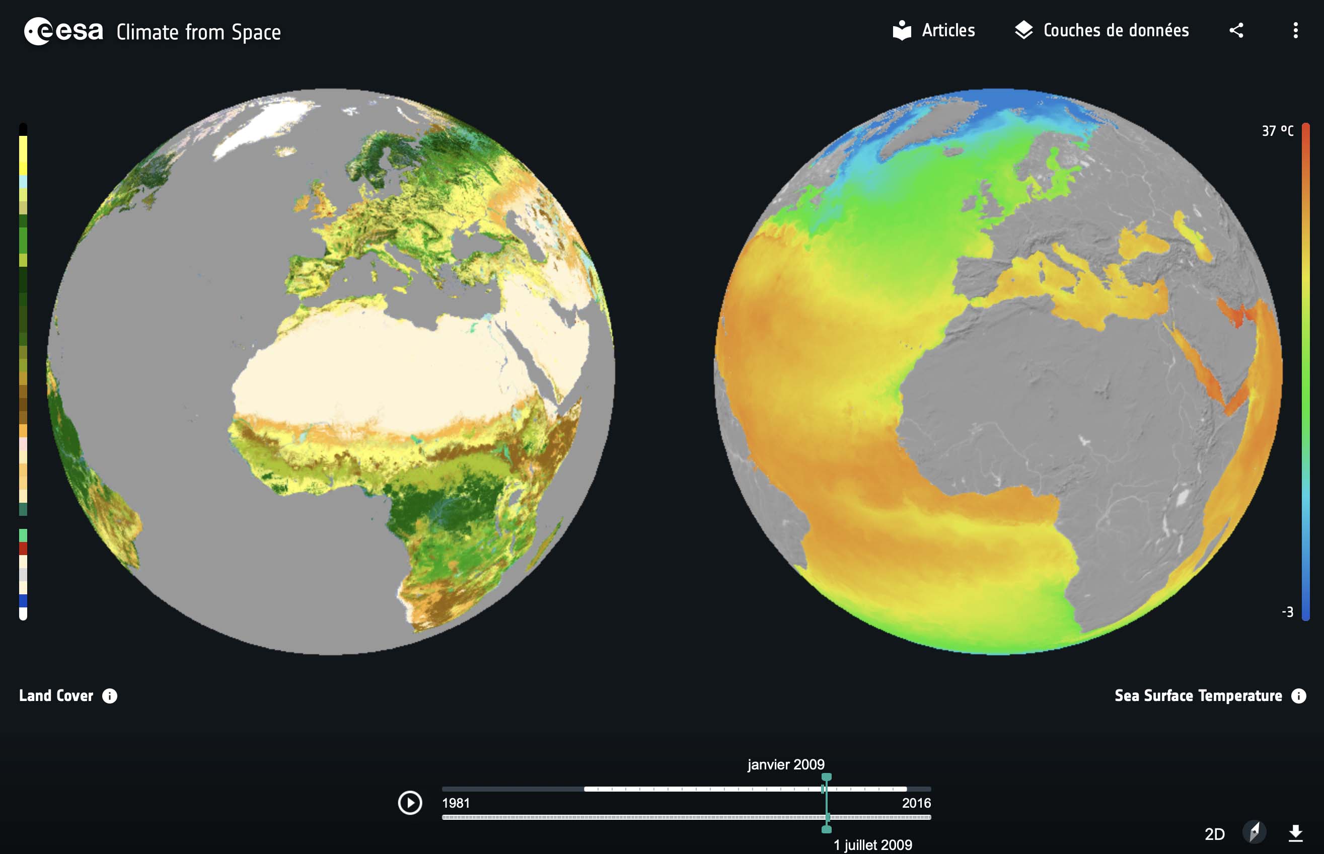 Dans le cadre de l’Initiative pour le Changement Climatique de l’ESA, organisateur de cette 6ème séance internationale, son Climate from Space website permet de visualiser et comparer différentes couches de données, comme ici la couverture terrestre à gauche et les températures océaniques à droite.