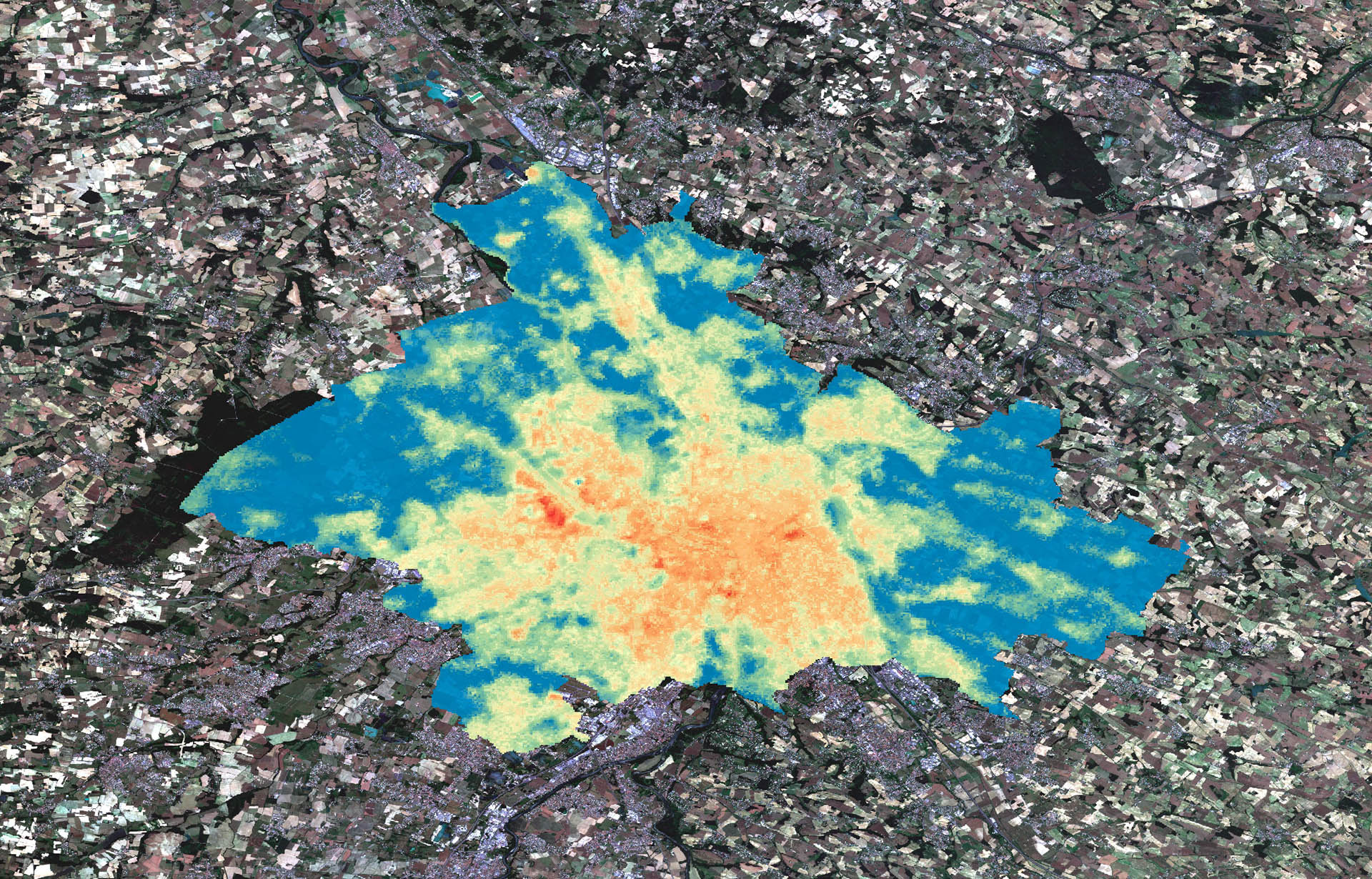 ECOSTRESS image of Toulouse acquired on 7 July 2015 at 23:55 local time with surface temperatures superimposed.