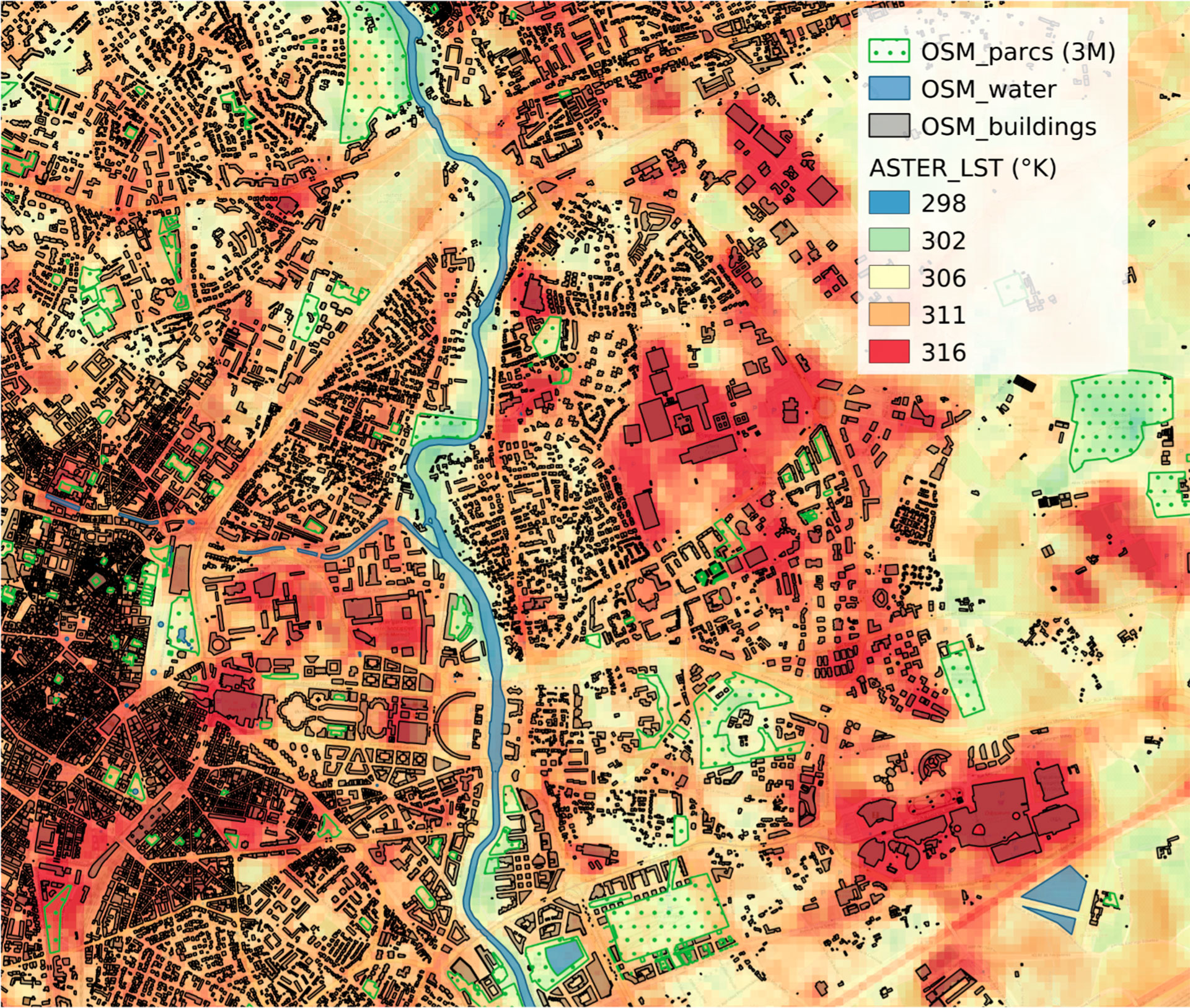 La corrélation entre l'utilisation des sols et la température de surface montre un impact positif et quantitatif de la végétation et des rivières sur  Montpellier.
