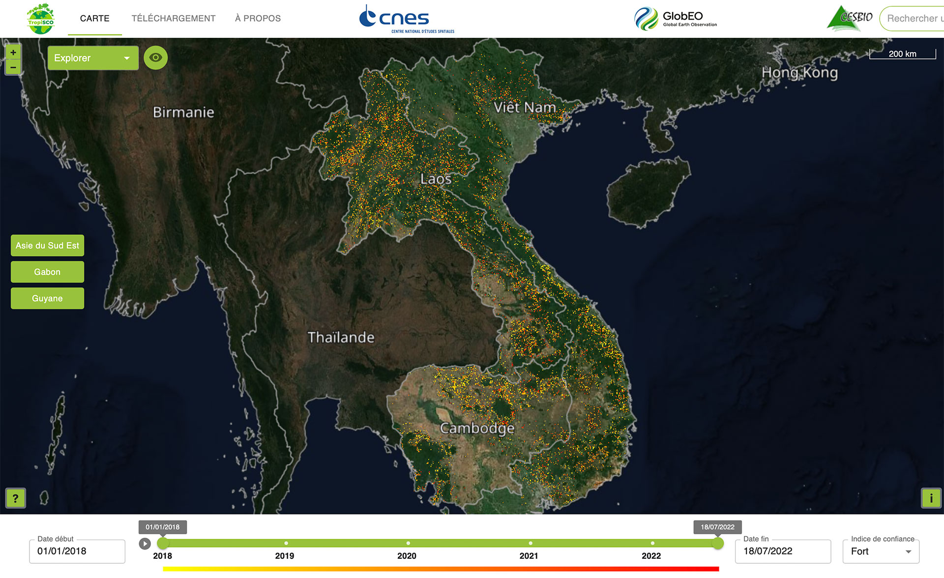 Sur les sept sites où se développe le projet, l’Asie du Sud-est montre la plus forte perte de forêt depuis 2018. 