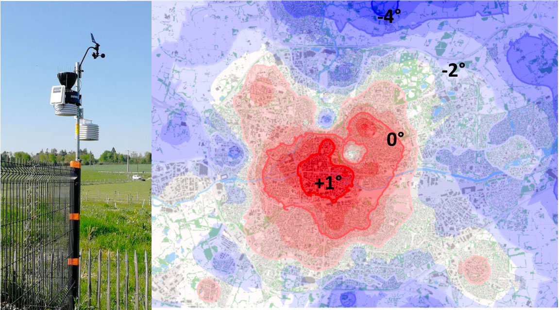 Heat island in Rennes (France): in-situ measurement station (left) and map of minimum temperature on 4 April 2022 (right). 