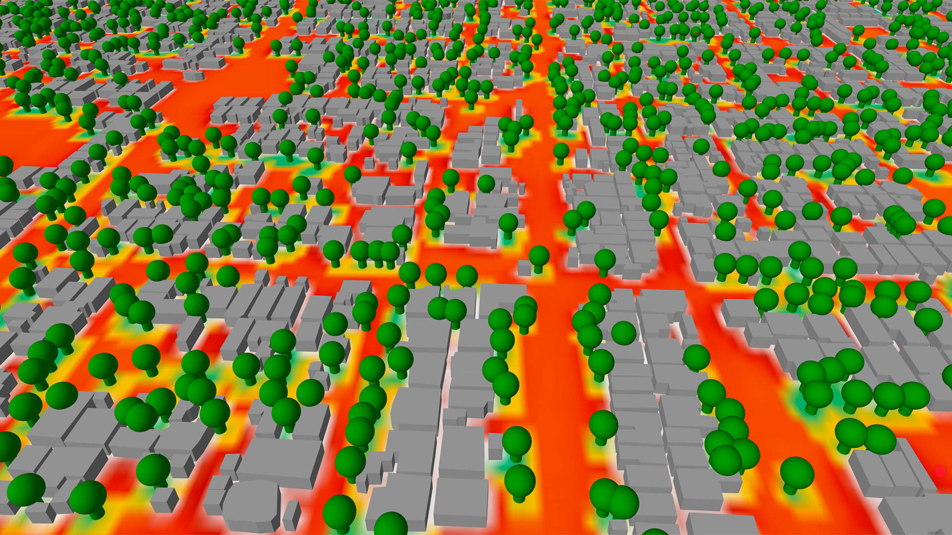 Modelled microclimate (heat stress) in the Talladje sector of Niamey. The colour scale ranges from green (limited heat stress) to red (very strong heat stress). While this example covers one city quarter of Niamey, the project will scale this up to cover the (present and future) extent of the entire agglomeration. 