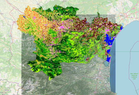 Land use map of the Aude department overlaid on a Sentinel-2 image