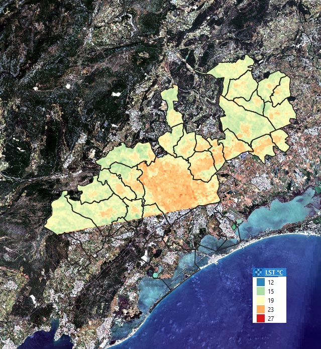 Land surface temperature in Montpellier Métropole Méditerranée on 29/08/2015 at 21h49 UTM