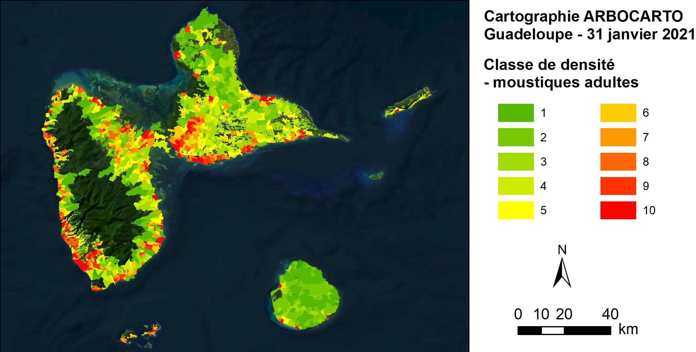 Exemple de sortie de l’outil ARBOCARTO. Simulation des densités de moustiques adultes Aedes albopictus, site de Guadeloupe, janvier 2021. Du vert, zones à faible densité, au rouge, zones à densité élevée.