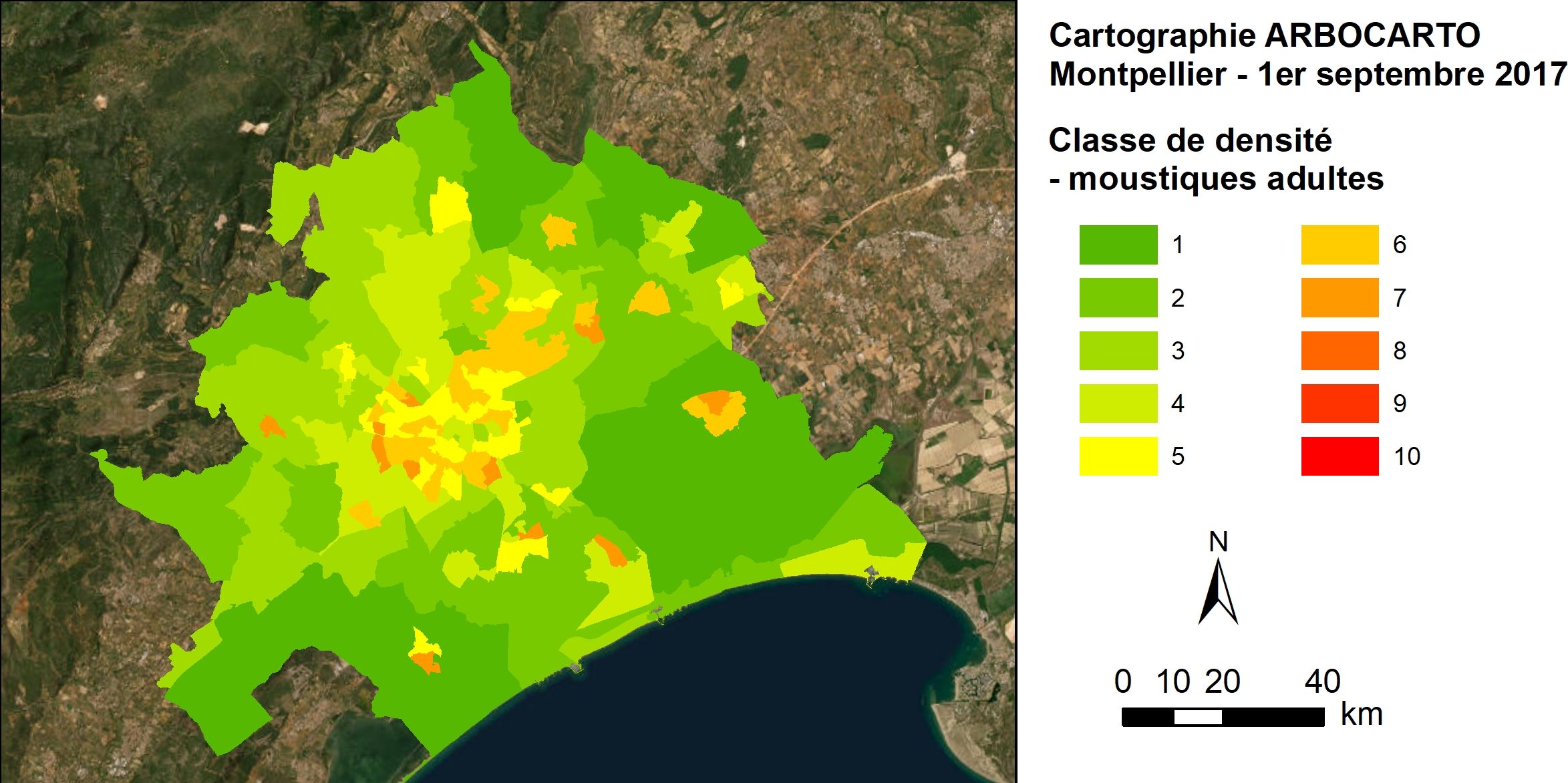 Exemple de sortie de l’outil ARBOCARTO. Simulation des densités de moustiques adultes Aedes albopictus, site de Montpellier, septembre 2017. Du vert, zones à faible densité, au rouge, zones à densité élevée.