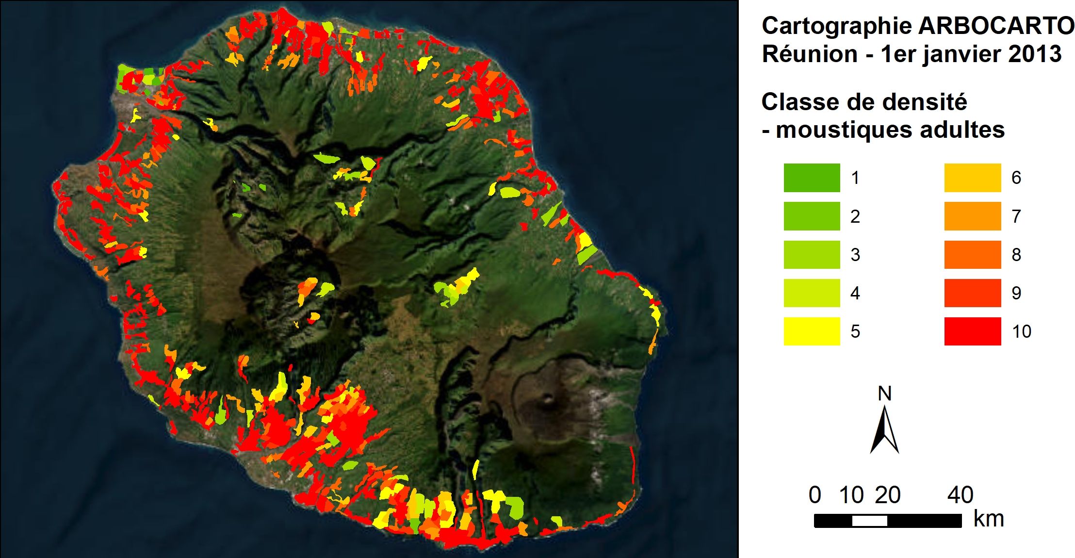 Exemple de sortie de l’outil ARBOCARTO. Simulation des densités de moustiques adultes Aedes albopictus, site de La Réunion, janvier 2013. Du vert, zones à faible densité, au rouge, zones à densité élevée.