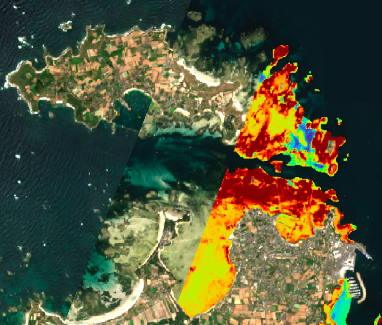 Aperçu des produits satellitaires LITTOSAT : mosaïques d’images à marée haute, à marée basse, et indice de végétation sur le Littoral (Roscoff et Ile de Batz, Bretagne, France). 