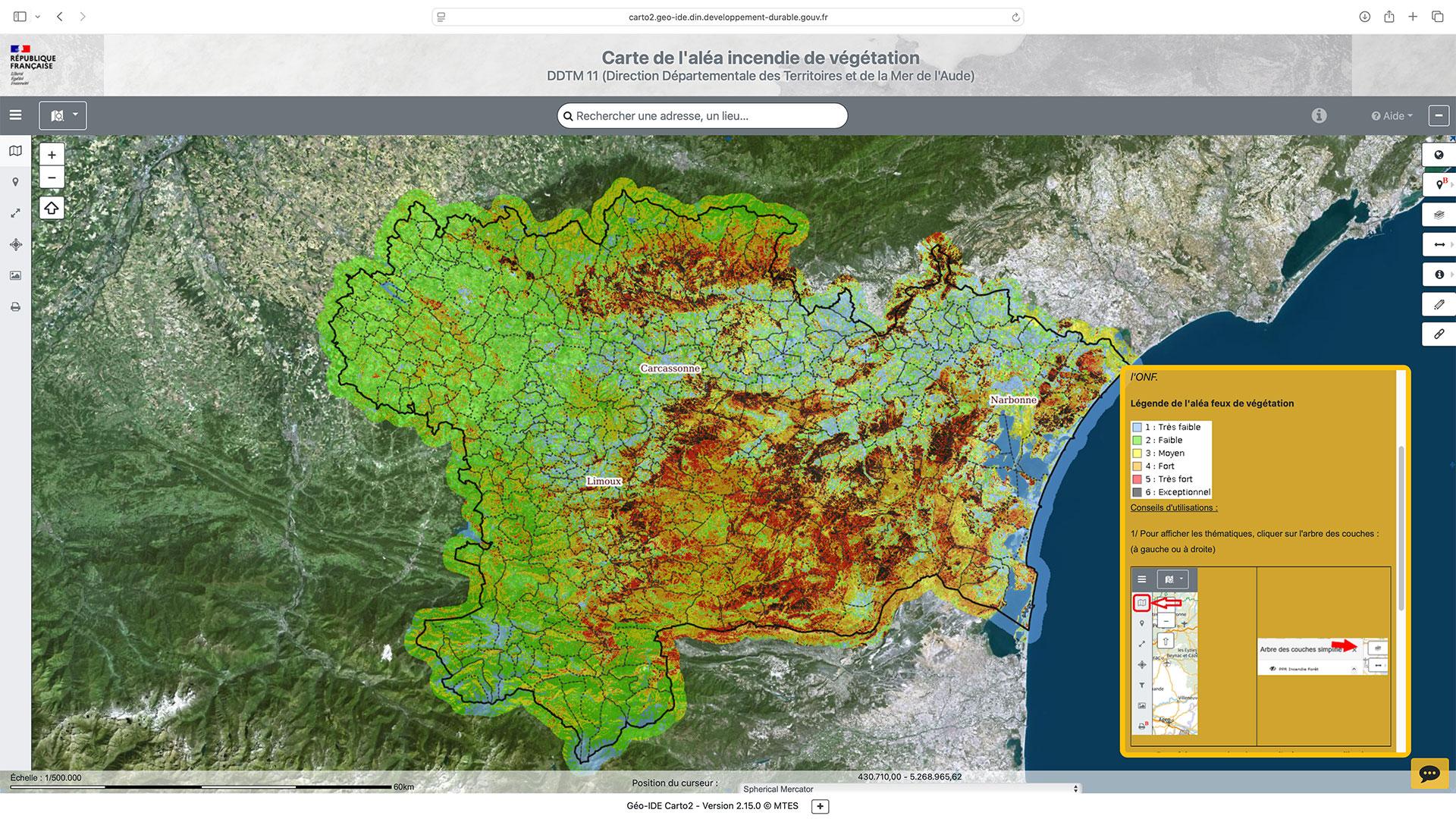 Map of vegetation fire risk in the Aude department, freely available online.