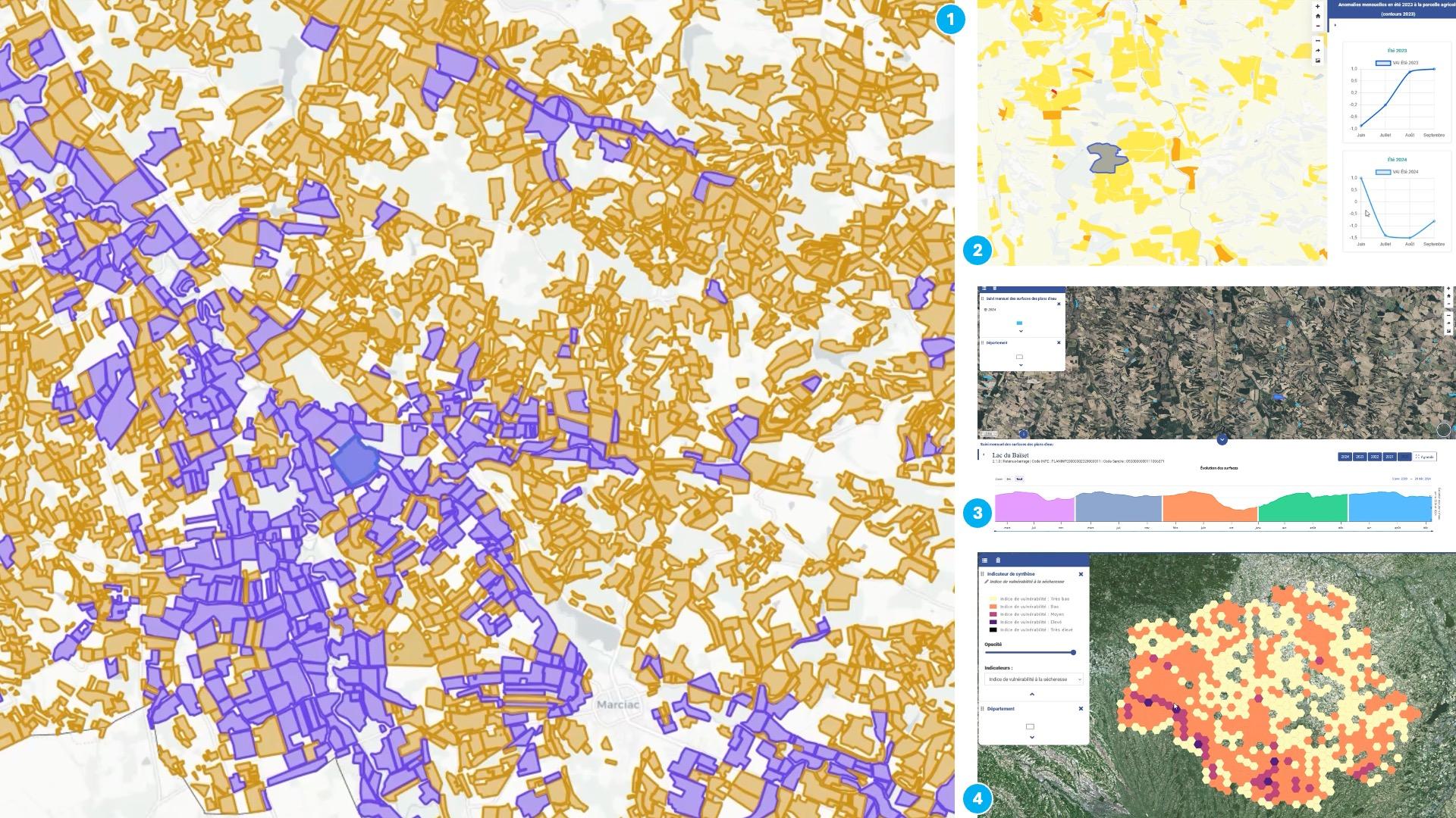 Excerpts from the EO4AgriWater platform. 1 Irrigated/non-irrigated crops. 2 Drought anomaly. 3 Monitoring of water bodies. 4 Drought vulnerability indicator. 