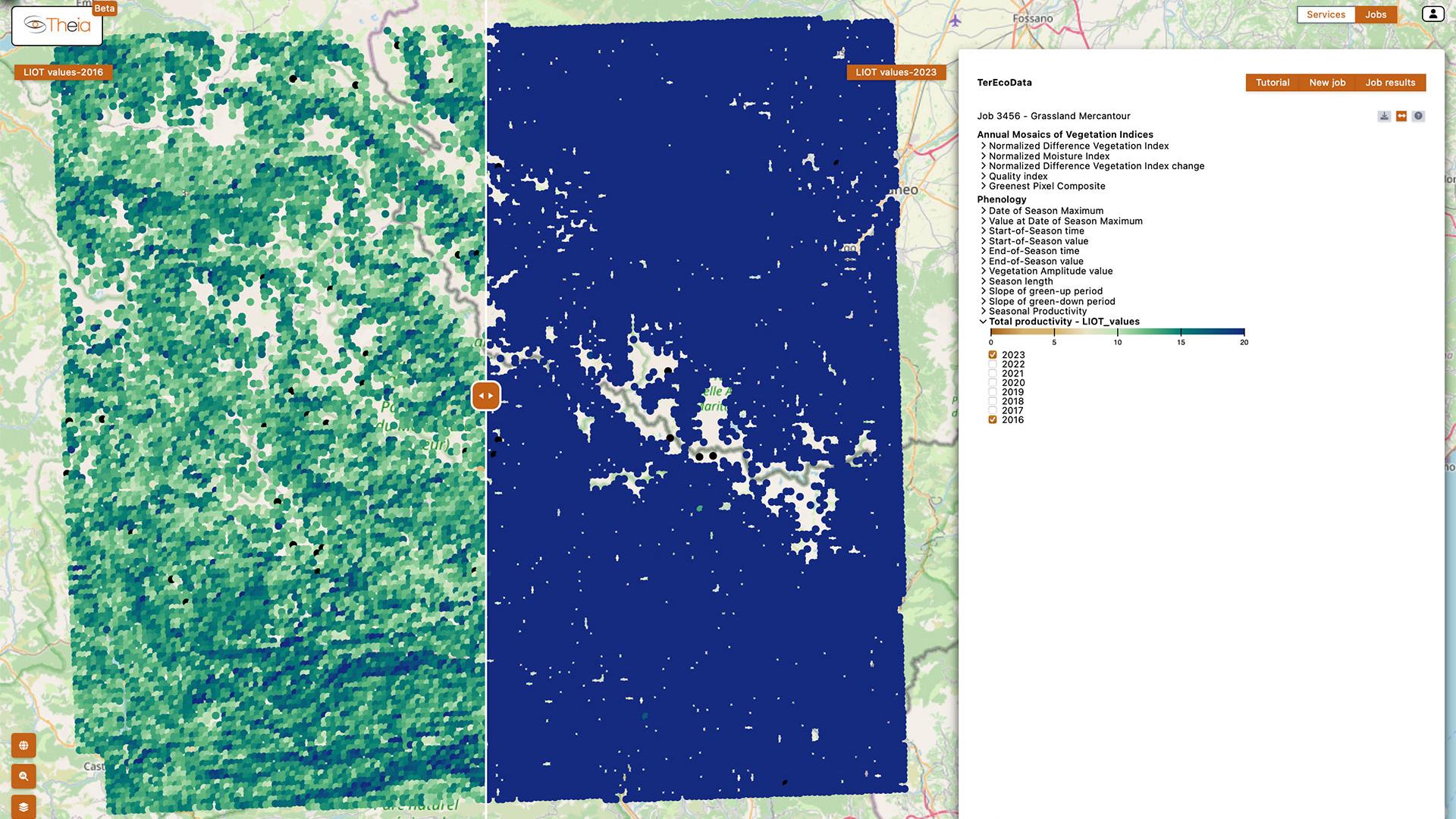 Comparison of phenological production in Mercantour between 2016 (left) and 2023 (right).