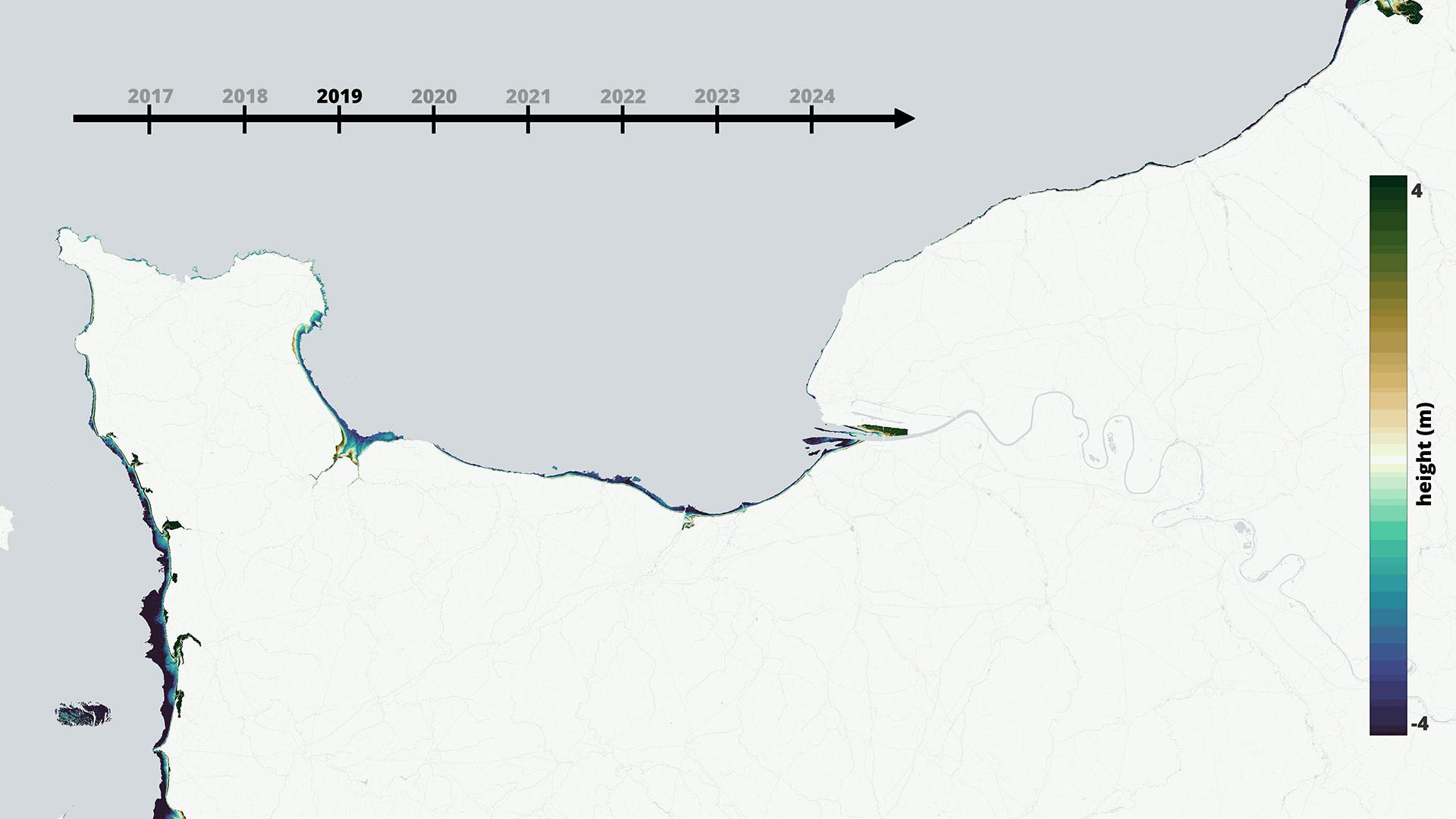 Annual topographic map of the Normandy intertidal zone, derived from Sentinel-2 satellite imagery using the water occurrence method. 