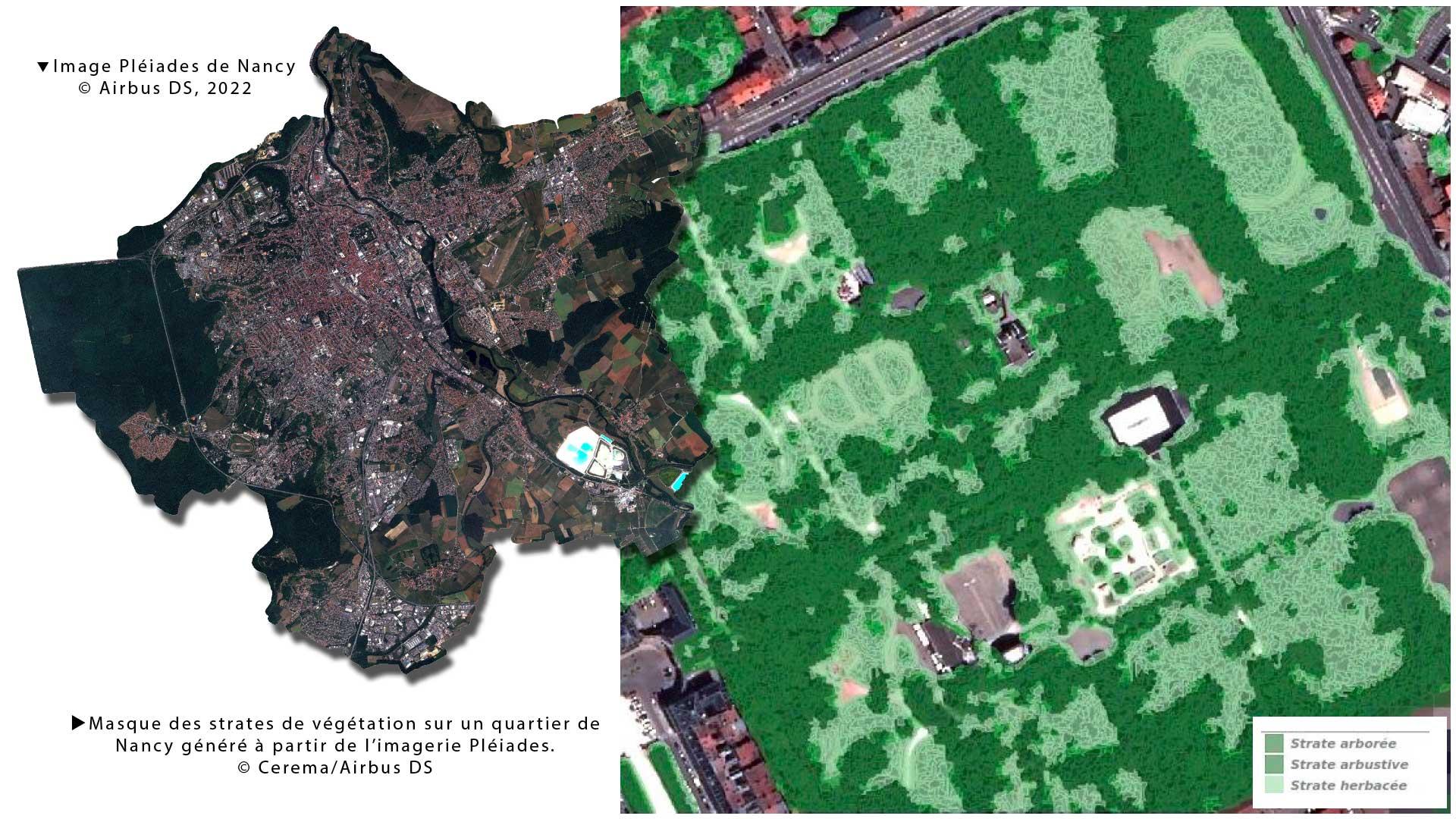 Pleiades satellite image of Nancy and vegetation mask extracted.