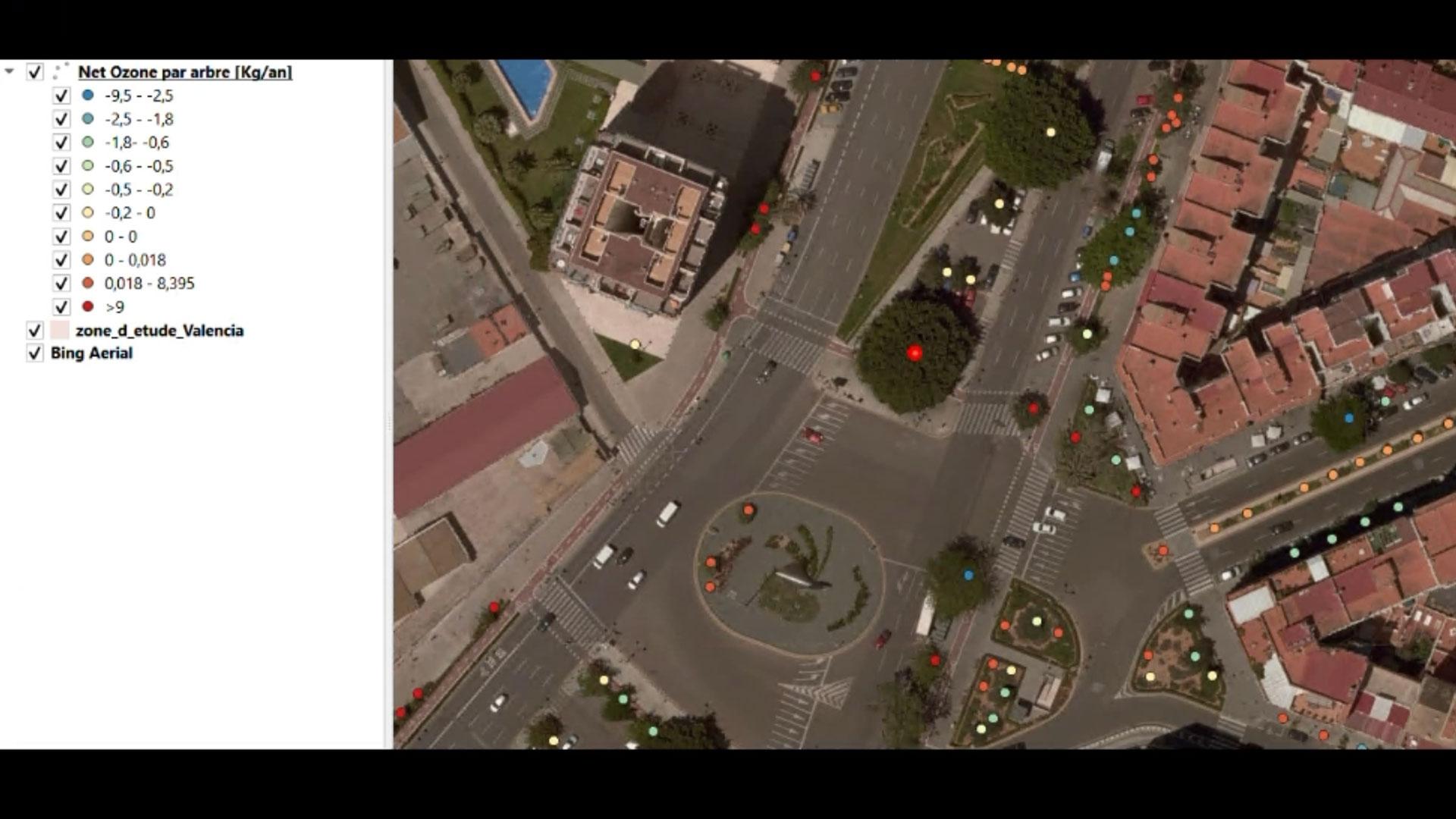 Excerpt from the GreenSpace demonstrator. For each tree, the tool provides information on its species, location, height and impact on air quality (such as the amount of ozone removed or formed annually).