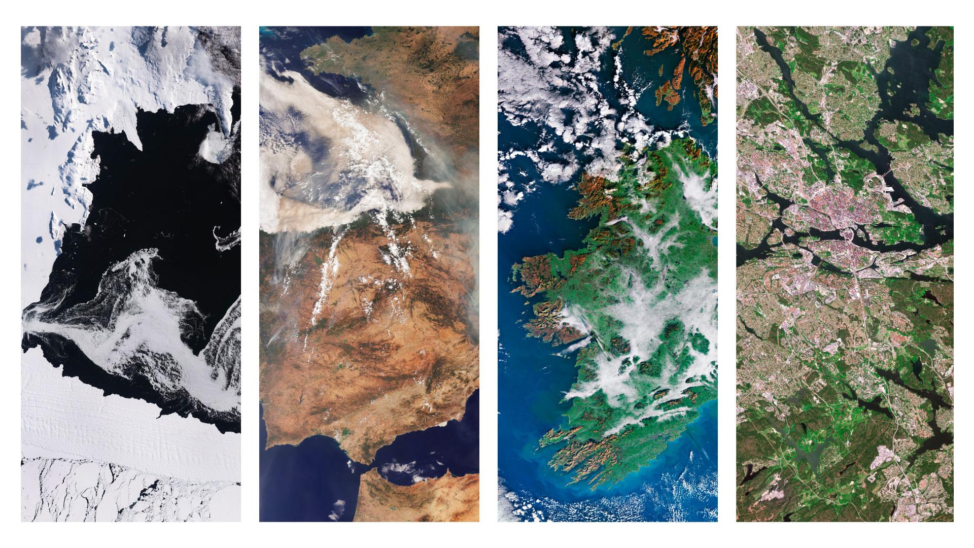 Earth observation sheds light on our understanding of the planet. From left to right: Terra Nova Bay (Antarctica), the August 2025 wildfires in Spain and Portugal, Ireland, and the city of Stockholm (Sweden). Images from the Sentinel-2 and Sentinel-3 satellites 