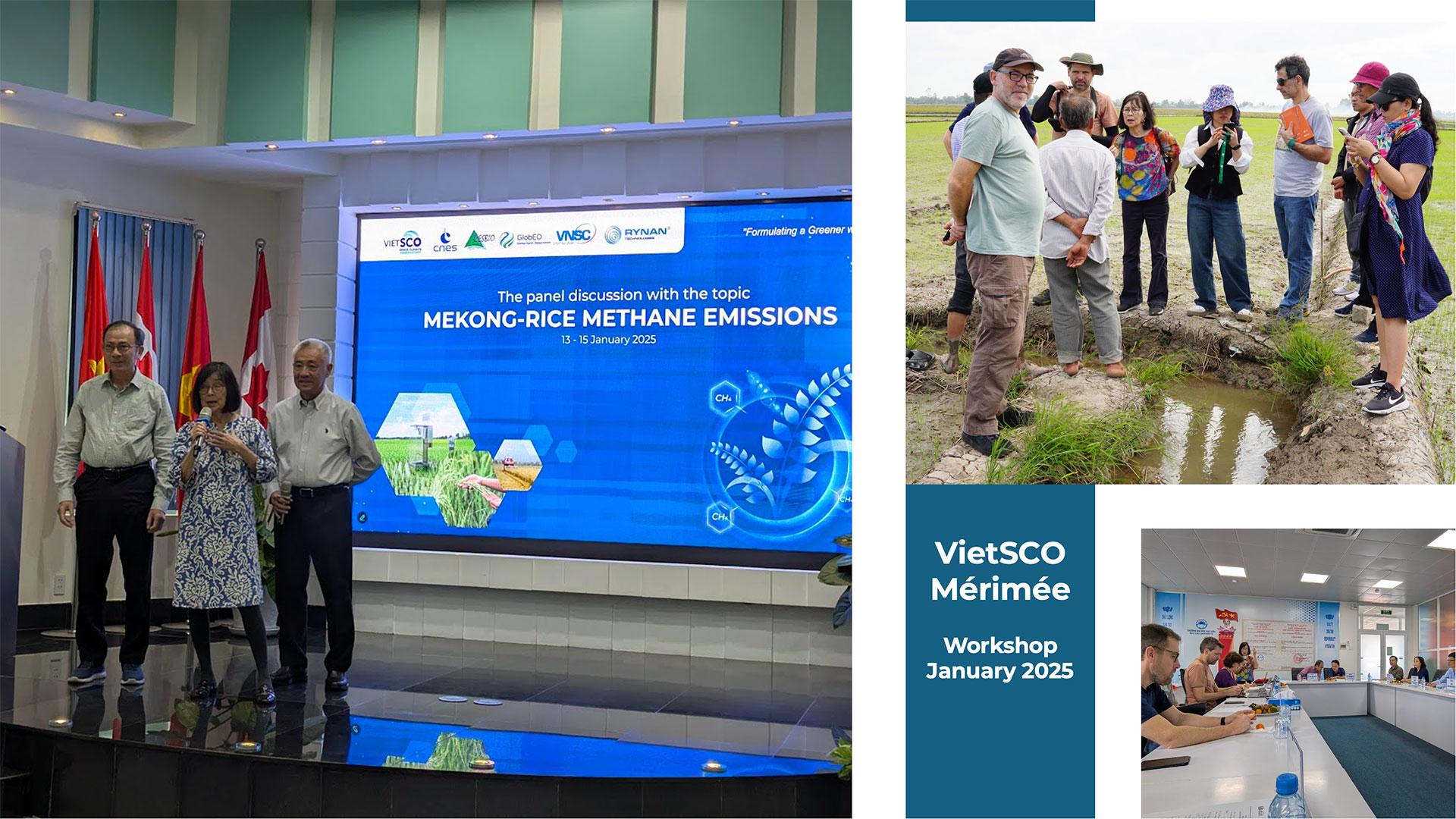 From left to right, opening of the workshop, in the rice fields of the Mekong Delta, meetings at Bac Lieu University.