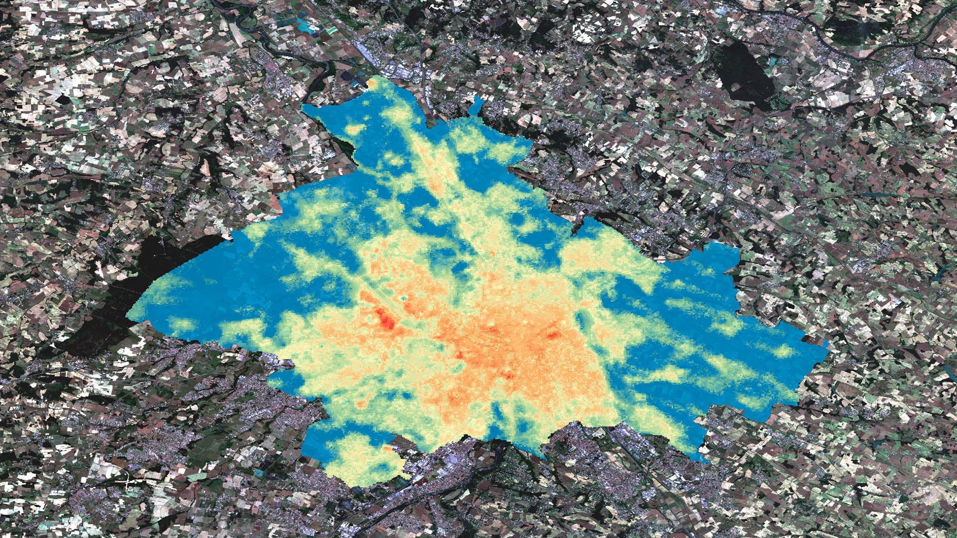 ECOSTRESS image of Toulouse acquired on 7 July 2015 at 23:55 local time with surface temperatures superimposed.
