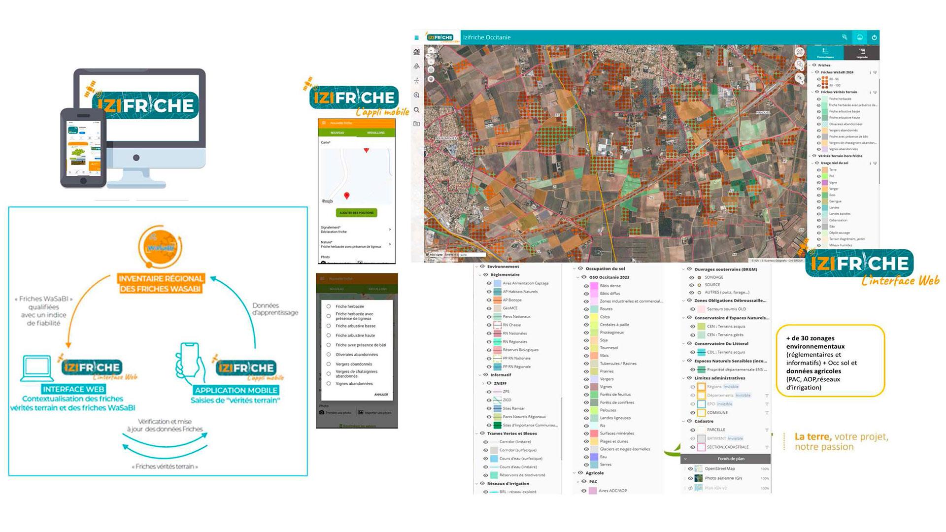 The Izifriche® solution is based on three tools: the WaSaBI inventory of wasteland sites, a mobile app for on-site verification, and a web interface for contextualizing and visualizing the data. 