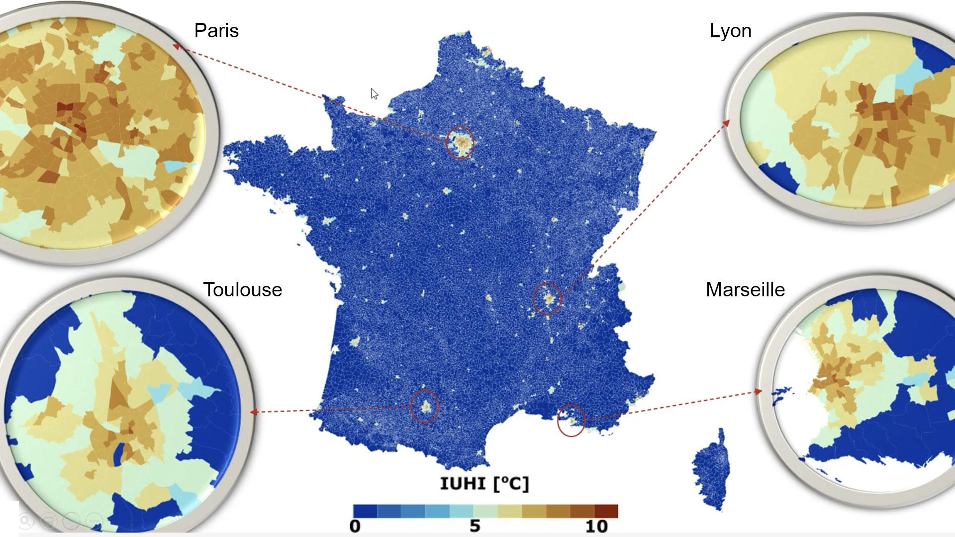 Using spatial data, Sat4BDNB has developed several operational indicators for the whole of mainland France, including here the heat island indicator.