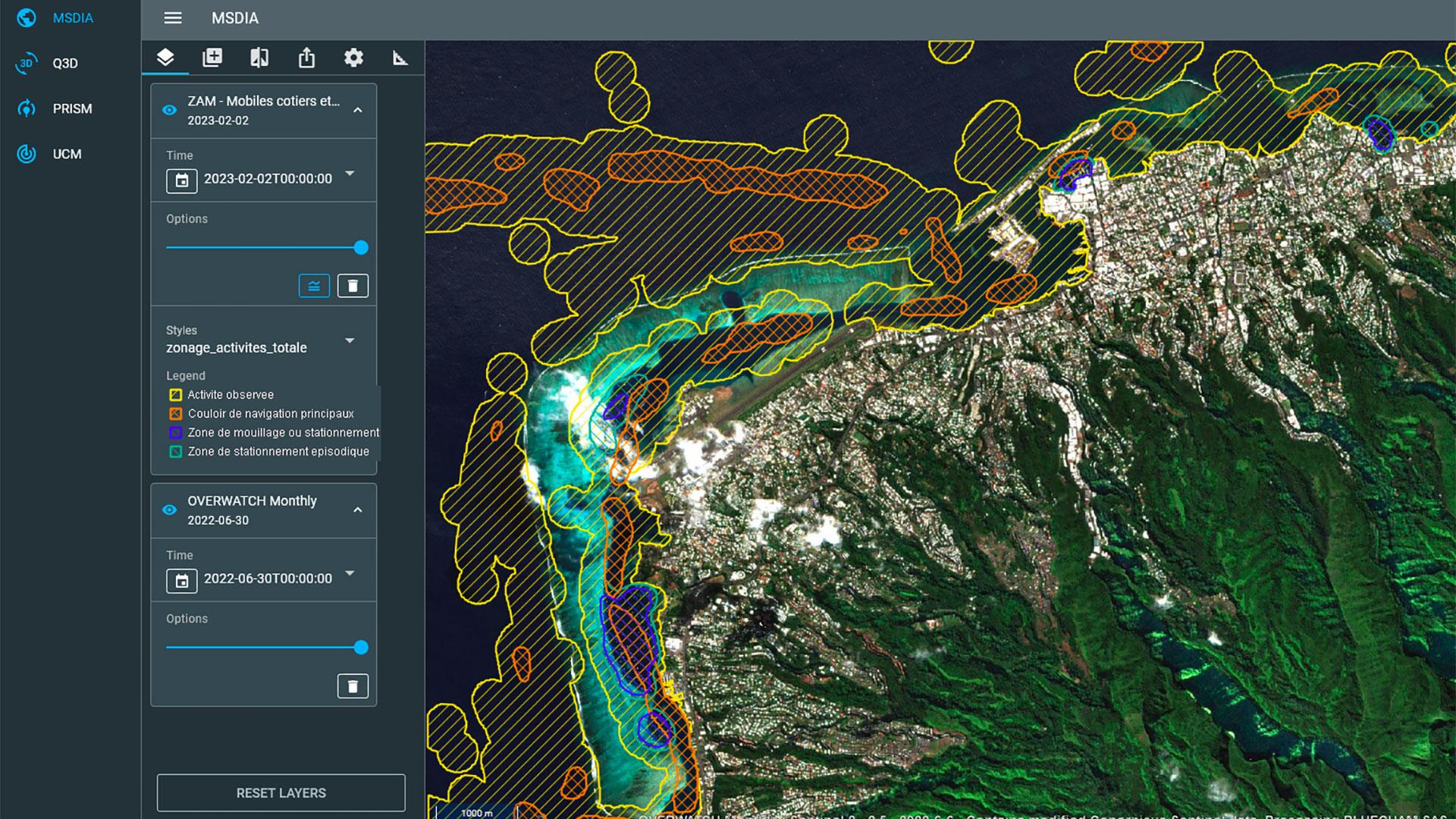La plateforme Qehnelo®PF permet de visualiser trois indicateurs dont, ici, les pressions anthropiques en milieu lagonaire.