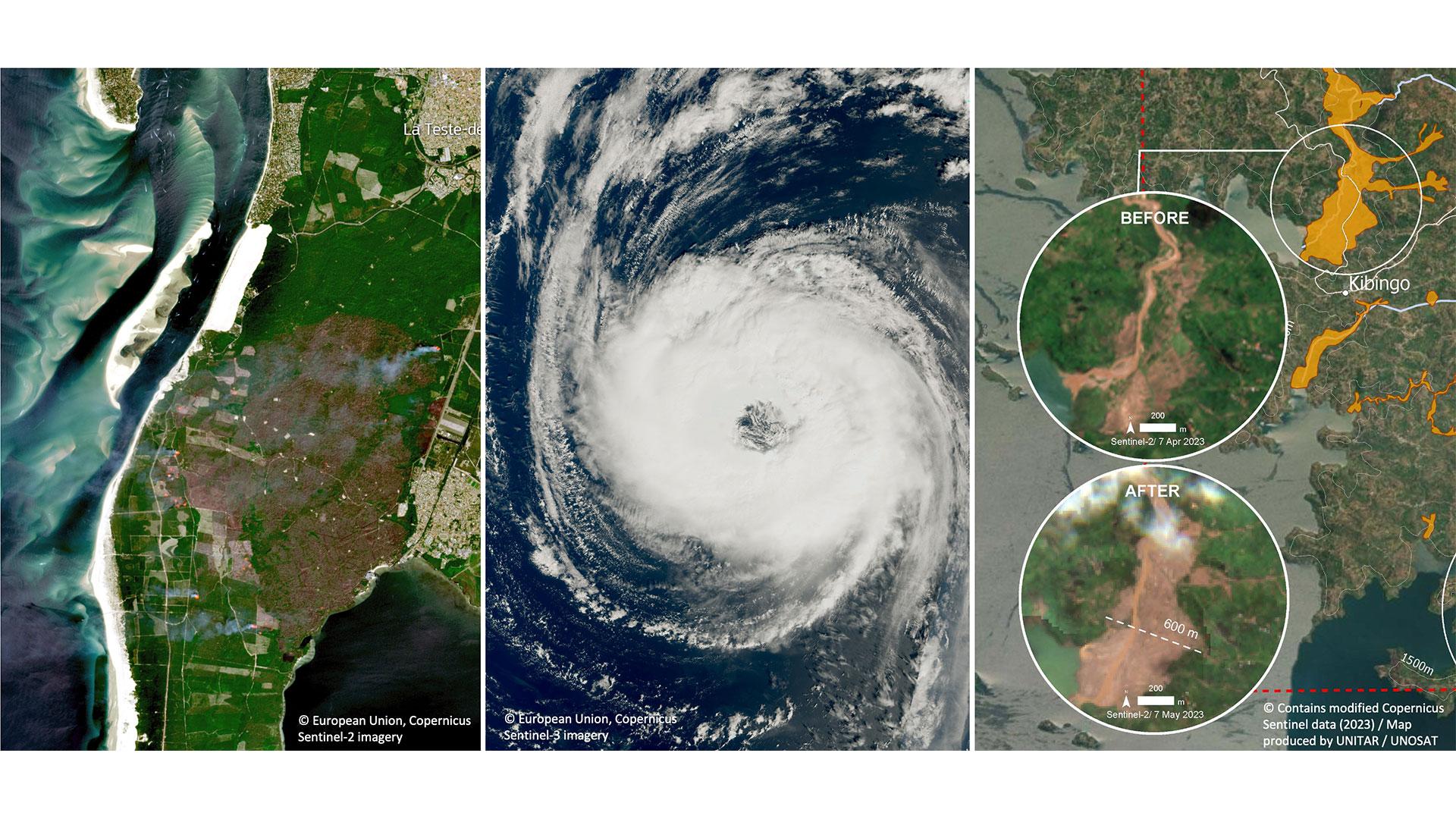 De gauche à droite : Feux en Gironde (France) en juillet 2022, cyclone Nigel sur l’Atlantique en septembre 2023, glissement de terrain au Rwanda en mai 2023.