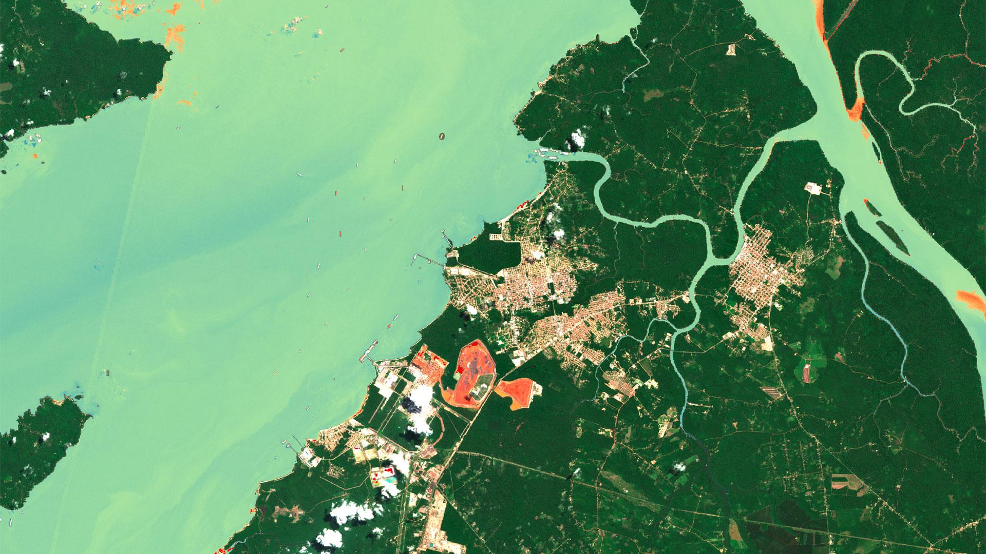 Vue de la région de Bélem, dans l’estuaire de l’Amazone, où se deroulait la COP 30. Carte de turbidité des eaux produites à partir d’images Sentinel-2 issues de la plateforme HydroWeb Next. 