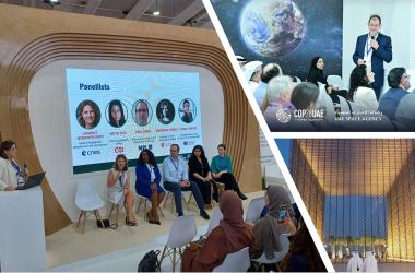 At COP28 in Dubai (bottom right), the SCO took part in several round tables, notably on the France pavilion (left) and the Space pavilion (top right). 