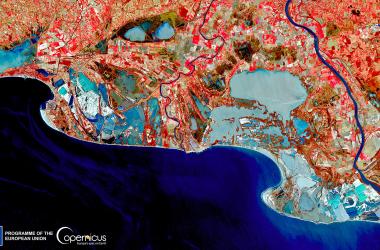 The 85,000 hectares covered by the Camargue under the eye of the Sentinel-2 satellite on 2 February 2022. Satellite data provide vital information on the evolution of the area and on the implementation of various public policies.