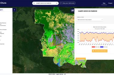 Chove-Chuva uses spatialised data to monitor territorial dynamics in Mato-Grosso. Here, the interface shows the land use map and rainy season statistics for the municipality of Campo Novo de Parecis.
