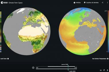 Dans le cadre de l’Initiative pour le Changement Climatique de l’ESA, organisateur de cette 6ème séance internationale, son Climate from Space website permet de visualiser et comparer différentes couches de données, comme ici la couverture terrestre à gauche et les températures océaniques à droite.