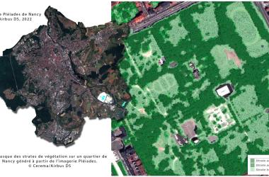 Image satellite Pléiades de Nancy et masque de végétation extrait.