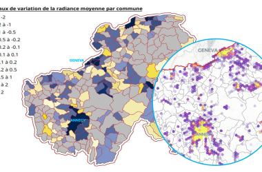 Variation de la radiance, qui correspond à l’intensité de l’éclairage, à l’échelle communale, établie à partir des mesures de radiance à l’échelle kilométrique visibles dans le cercle. 