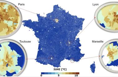 Using spatial data, Sat4BDNB has developed several operational indicators for the whole of mainland France, including here the heat island indicator.