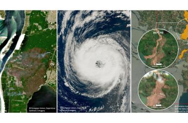 De gauche à droite : Feux en Gironde (France) en juillet 2022, cyclone Nigel sur l’Atlantique en septembre 2023, glissement de terrain au Rwanda en mai 2023.